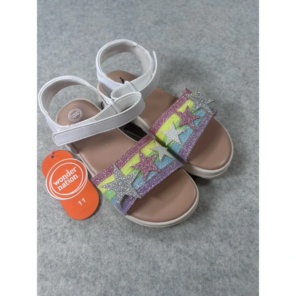 Wonder Nation Toddler Girls White Sandals Rainbow Stars Size 11 Adjustable NWT